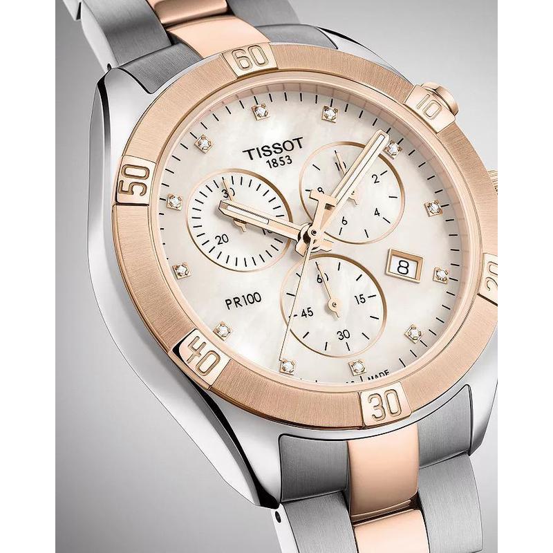 天梭tissot女表pr100链式手链钻石计时码表38毫米石英手表