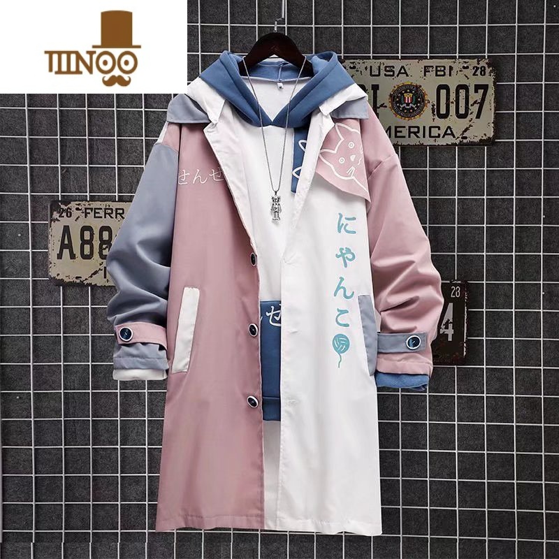 YANXU日系ins潮流卡通猫咪外套男潮牌中长款宽松青少年加绒风衣高清大图