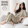 睡衣女士春夏季新款休闲短袖长裤简约宽松可外穿家居服套装 女XL B58083【带胸垫】