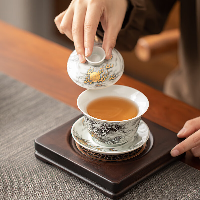 苏氏陶瓷(SUSHI CERAMICS) J1024 万事兴龙三才盖碗 1个 (单位:个)高清大图