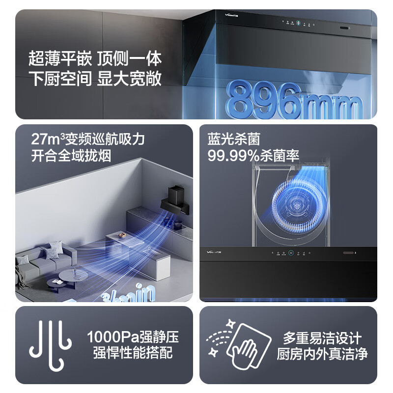万和Vanward[小双翼V7Z·超薄平嵌·蓝光杀菌]顶侧一体抽排油烟机家用27风量大吸力变频智旋洗高清大图