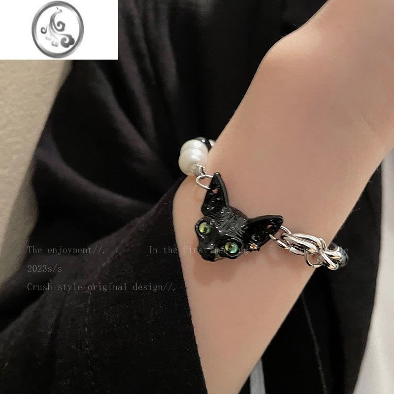 JiMi暗黑德文!黑咪珍珠拼接手链女潮ins小众设计感高级闺蜜手饰图片