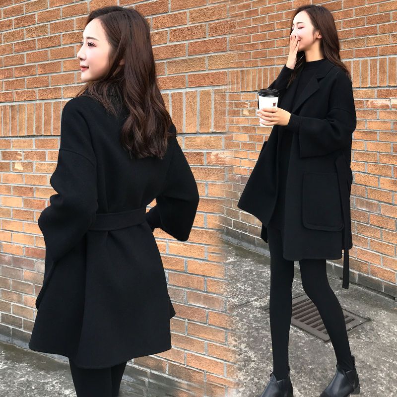 黑色呢子大衣外套女潮ins秋冬新款韩版休闲气质毛呢外套女中长款