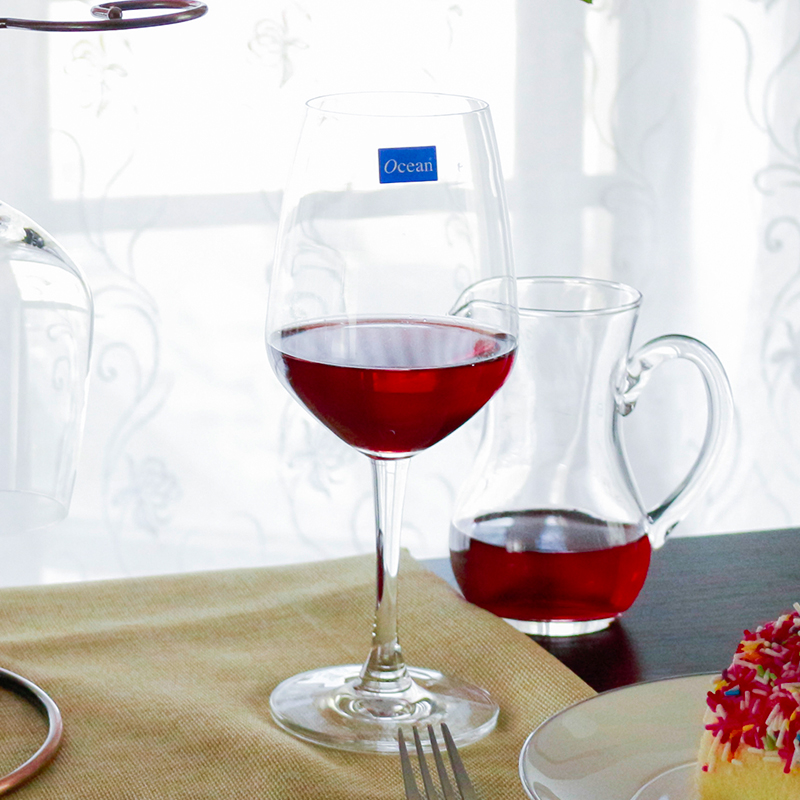 Ocean进口无铅玻璃冷切口红酒杯455ML4只配1500ML醒酒器配酒杯架套装高清大图