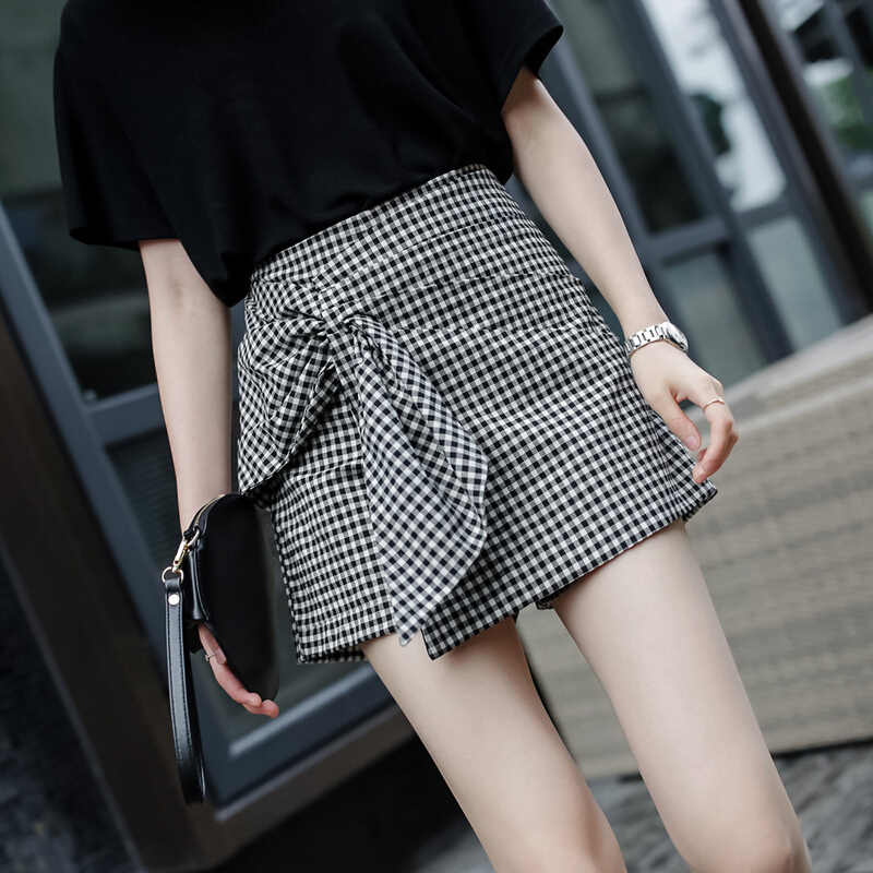 蝴蝶结装饰高腰格子棉麻a字短裤女热裤夏季阔腿裤休闲裤裙裤黑白格子