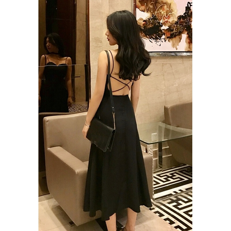 夏装性感露背交叉绑带修身显瘦中长款时尚带连衣裙女