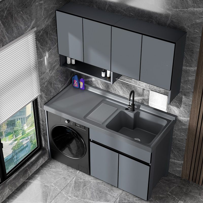它墅洗衣柜组合奶油风定制阳台一体柜搓板太空铝洗衣池槽盆洗衣机伴侣