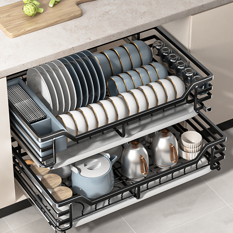 欧德宝拉篮厨房橱柜双层调味碗碟柜内304不锈钢收纳碗架抽屉式碗篮