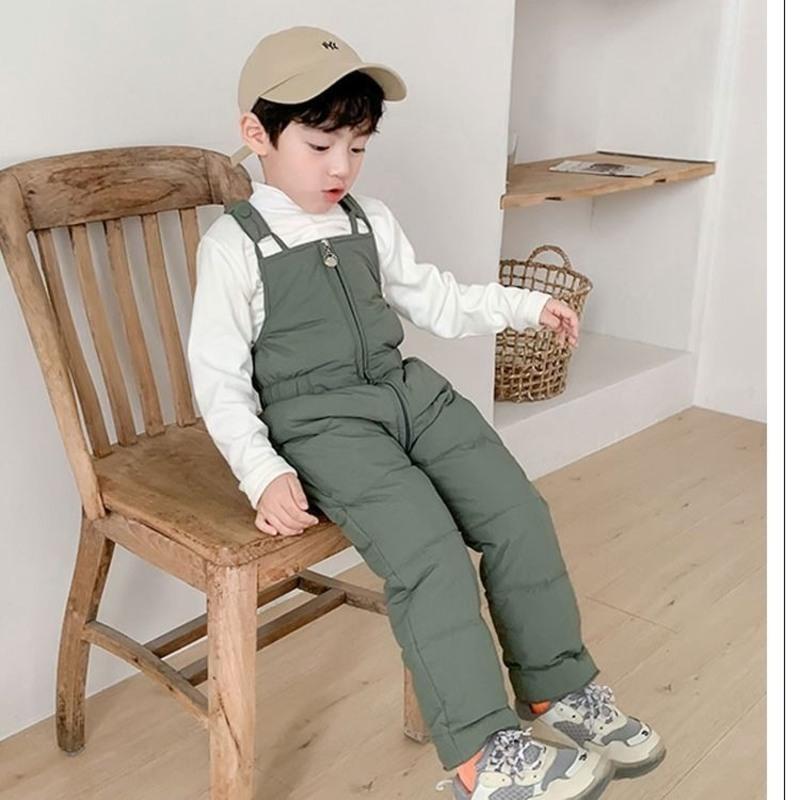 宝宝背带裤冬季婴幼儿童连体开档男女童套装羽绒棉裤加绒加厚洋气军绿