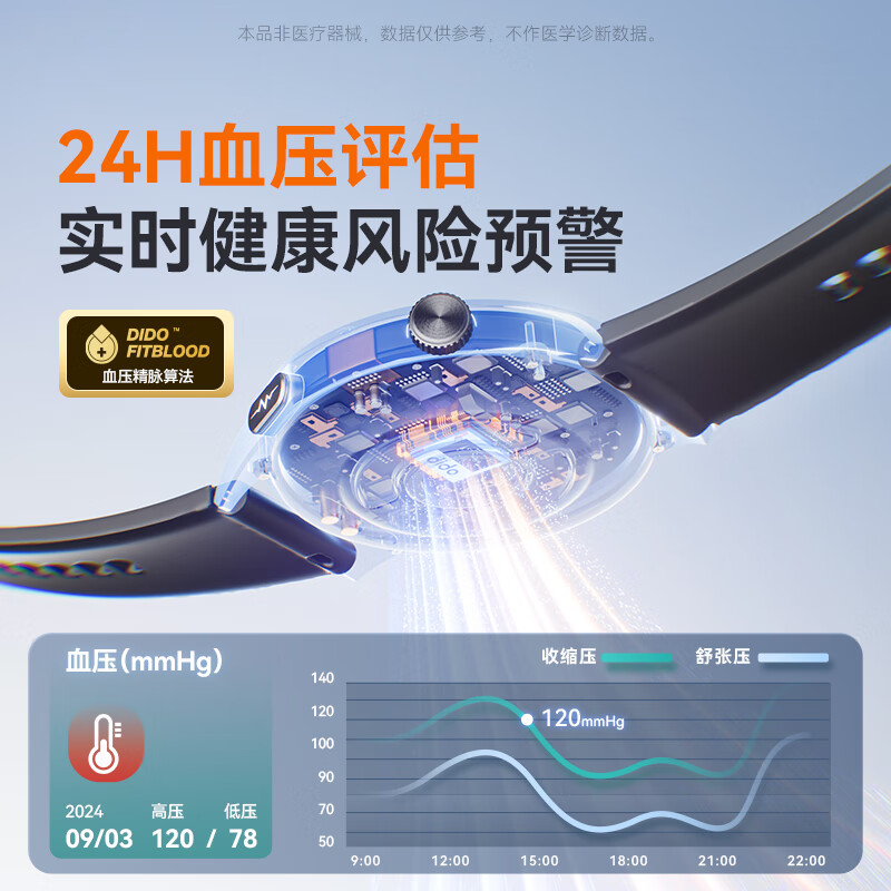 didoE60评估血压手表血糖监测健康管理蓝牙通话智能手表 黑色高清大图