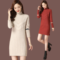 秋冬新款毛衣连衣裙女2024秋冬季半高领配大衣纯色内搭流苏毛衣裙时尚气质针织衫女内搭中长款妈妈装套头打底毛衣裙大码毛衣女