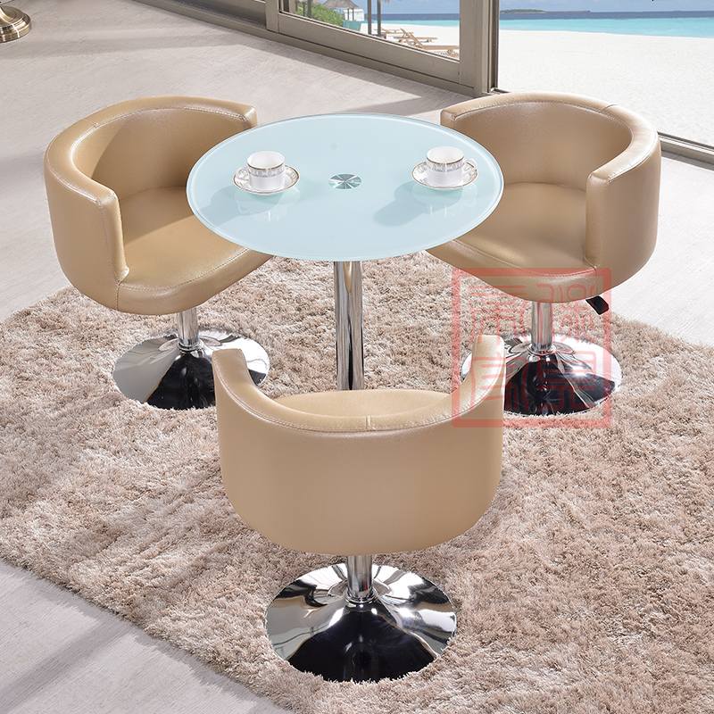 洽谈接待桌椅组合奶茶店咖啡厅办公室会客桌钢化玻璃茶几小圆桌椅 驼色_1+3香槟色_玻璃桌