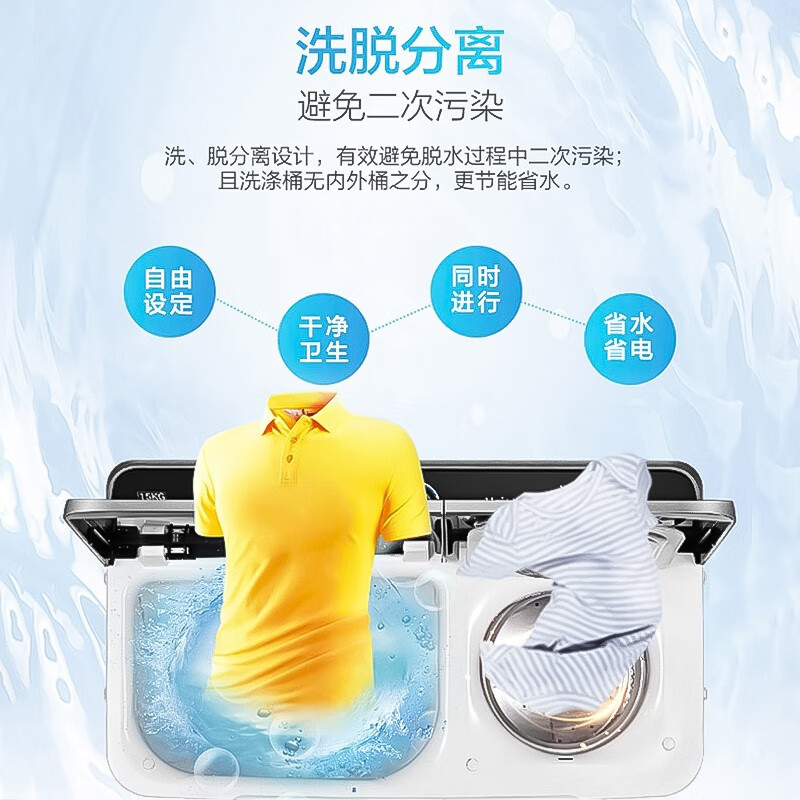 海尔(Haier)双缸洗衣机半自动波轮洗衣机双桶15公斤大容量强劲洗衣洗脱分离单脱水洗衣机双动力 XPB150-828S高清大图