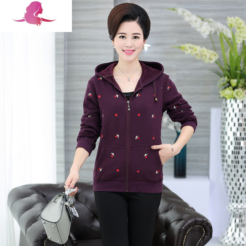 艳如飞妈妈装秋装卫衣中老年人女装春秋季卫衣连帽外套大码运动上衣