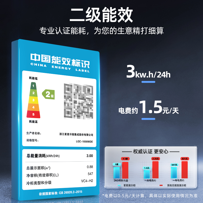 星星(XINGX)LGC-1000WDE风冷无霜547升展示柜冷藏保鲜柜饮料水果蔬菜鲜花商店便利店超市立式冰箱冰柜陈列柜高清大图