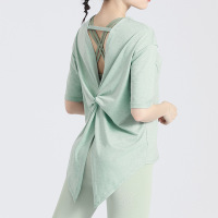 班蒂纳后开叉绑带瑜伽服女夏透气速干T恤罩衫跑步健身运动短袖瑜伽上衣MTHSDX02