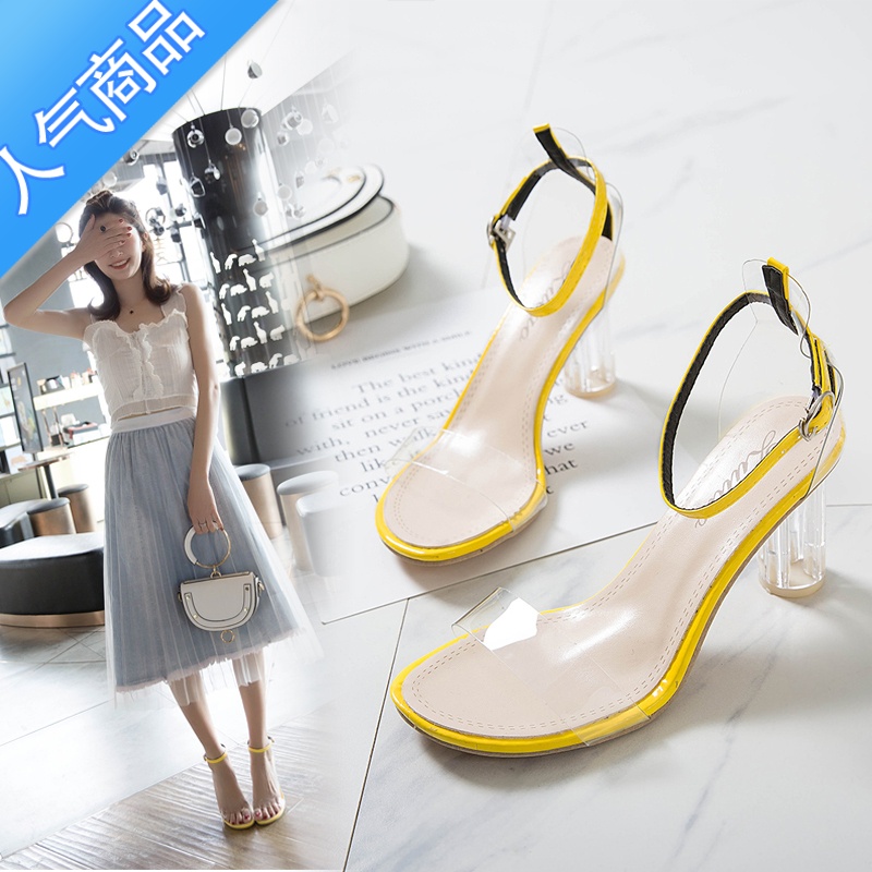 SUNTEK凉鞋女仙女风2023夏季新款百搭学生中粗跟透明一字扣带水晶高跟鞋高清大图