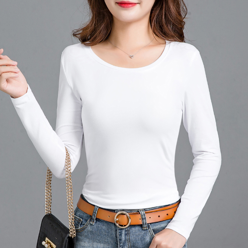 纯棉白色t恤女长袖初秋装2020年新款薄纯色宽松打底衫内搭黑上衣视频