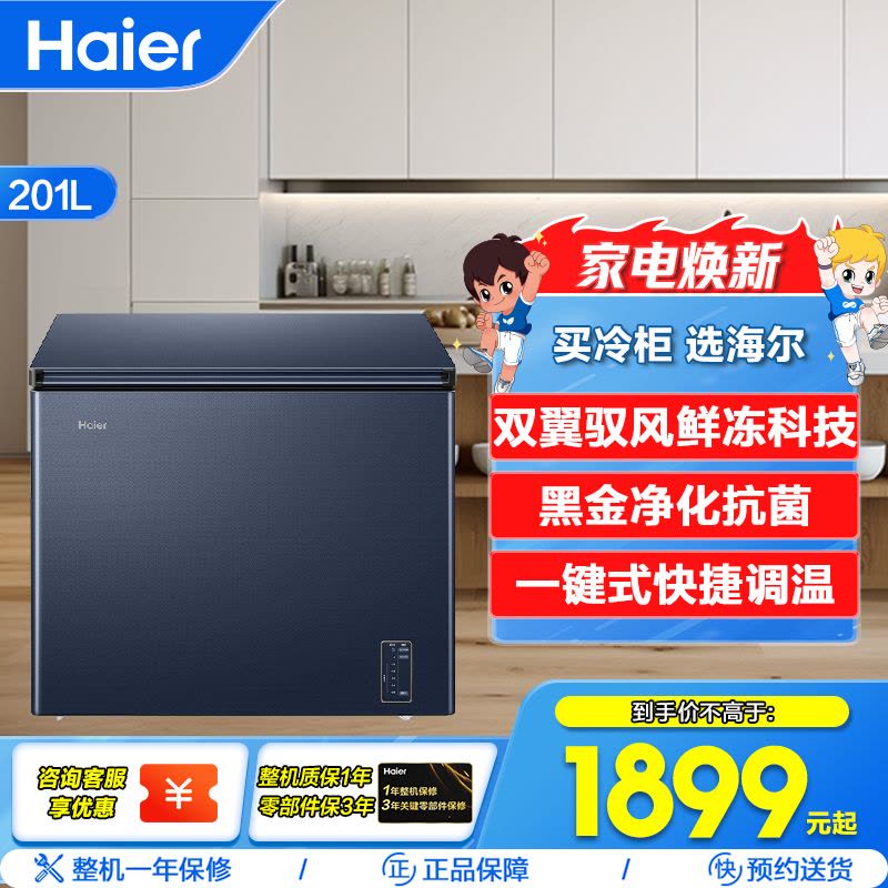 海尔(Haier)201升家用卧式冰柜冷柜小冰箱 巨能冻 黑金净化抗菌 双翼驭风鲜冻科技 BC/BD-201WGHED图片