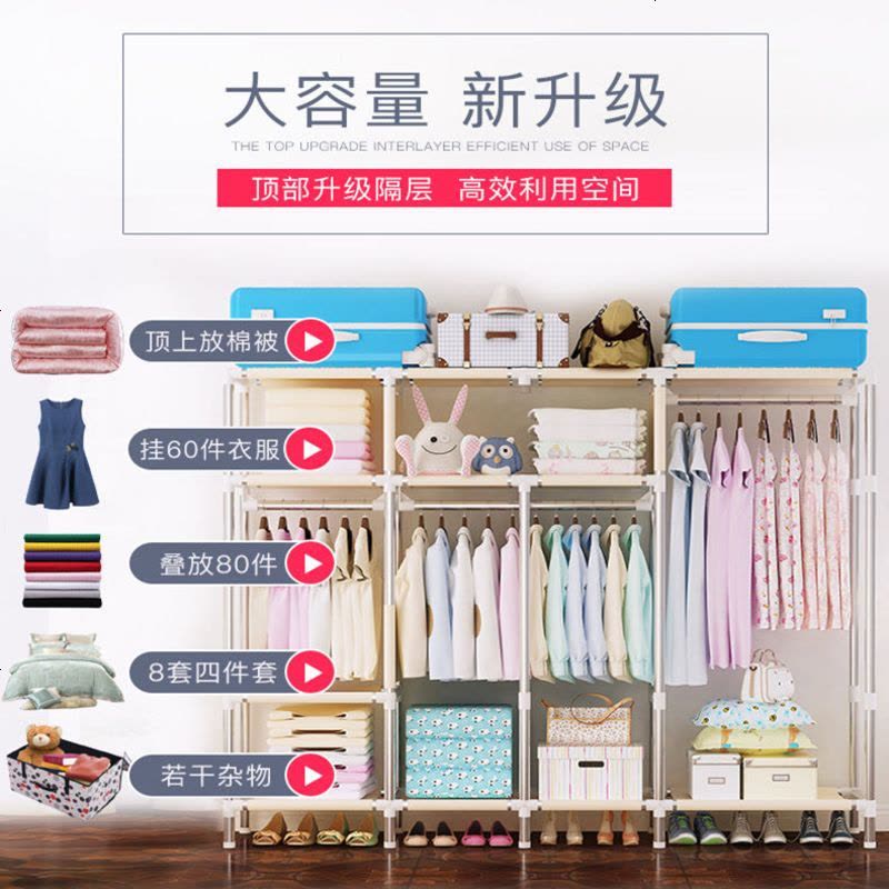 衣柜简易布衣柜钢管加粗加固双人组装衣柜收纳架家具宿舍收纳柜子 宽2.0米欧式条纹图片