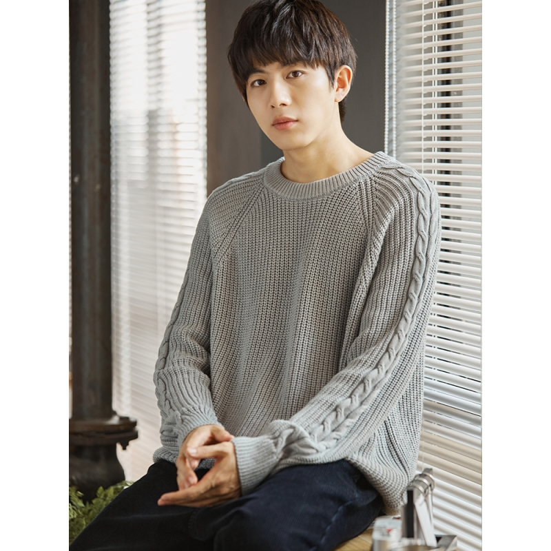 1件5折价1299元唐狮冬季男毛衣新款圆领绞花宽松针织衫男士内搭复古风