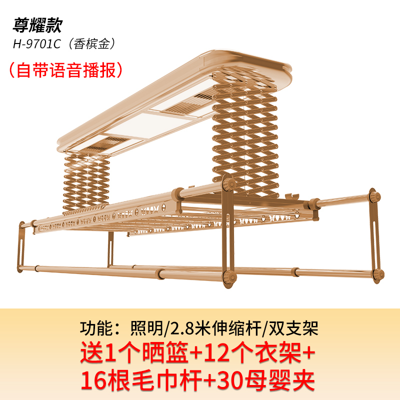 遥控升降电动晾衣架CIAA室内阳台双杆式烘干晒衣伸缩凉衣机 H-9701C(香槟金)