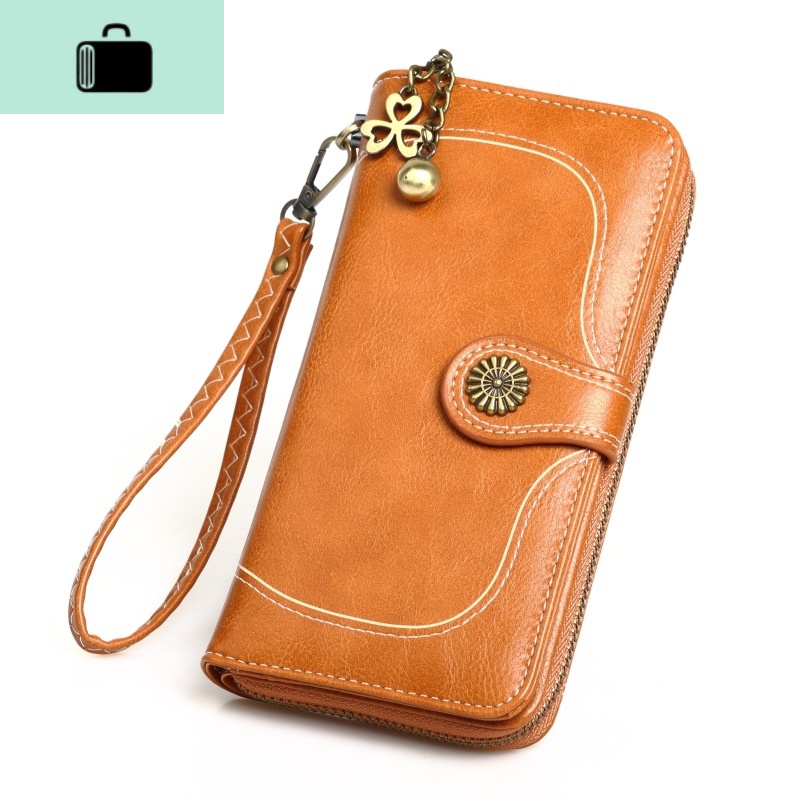 油蜡皮长款钱包新款复古女式三折拉链手机包油皮大钞夹卡包套NEWLAKE 棕色