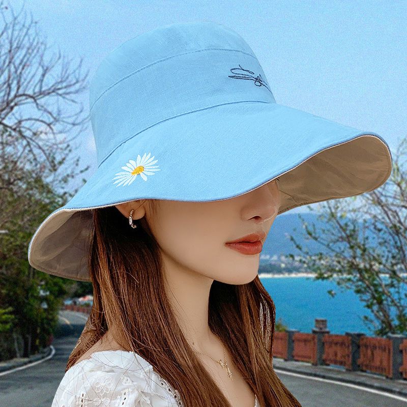 拼接款--白帽檐 双面小雏菊渔夫帽女夏天日系遮脸韩版潮百搭遮阳大沿太阳防晒帽子