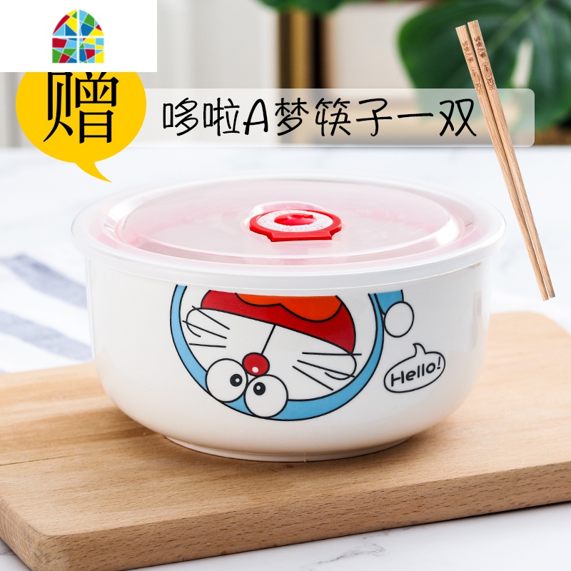 学生泡面碗带盖大号陶瓷便当密封碗单个家用宿舍饭盒卡通碗筷套装 FENGHOU 猪宝宝（送不锈钢筷子）