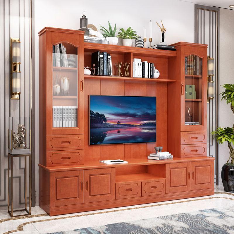 森美人中式实木电视柜组合墙柜客厅多功能背景柜茶几地柜橡木影视柜