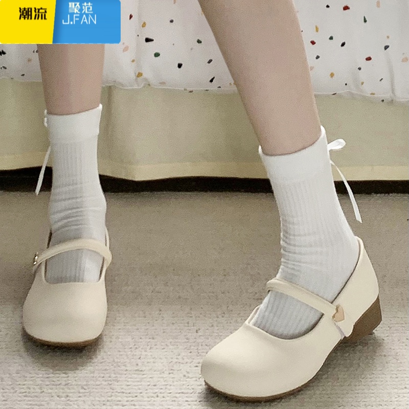 聚范圆头浅口复古百搭配裙子粗跟单鞋女2024新款夏季白色法式玛丽珍鞋高清大图