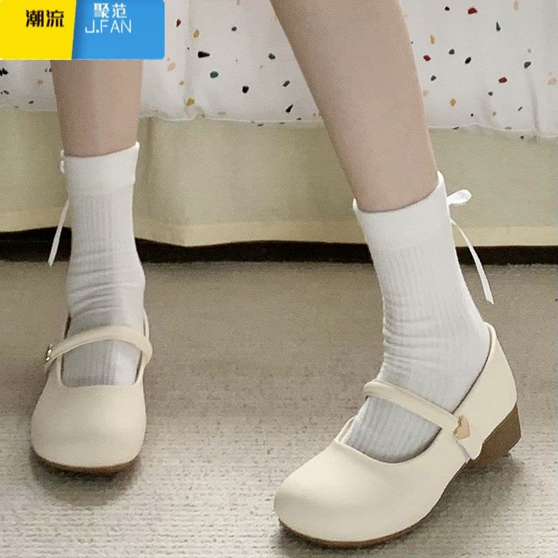 聚范圆头浅口复古百搭配裙子粗跟单鞋女2024新款夏季白色法式玛丽珍鞋图片