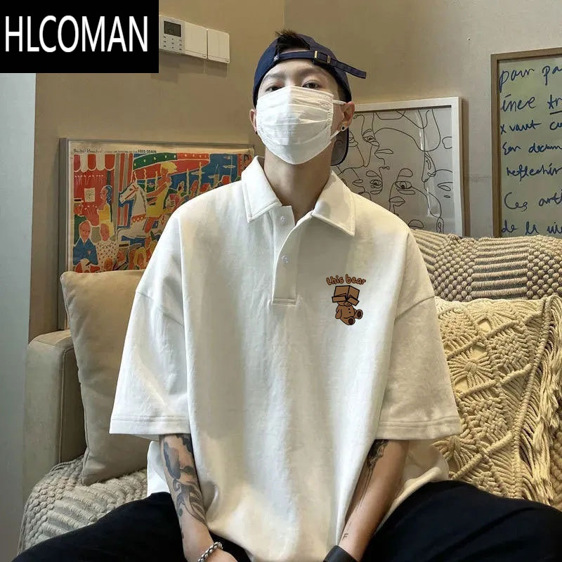 HLCOMAN深灰色翻领polo衫男春季港风宽松短袖t恤简约百搭青少年半袖上衣