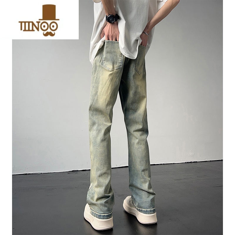 YANXU美式牛仔裤男款水洗做旧黄泥染长裤潮牌高街宽松直筒裤子男高清大图