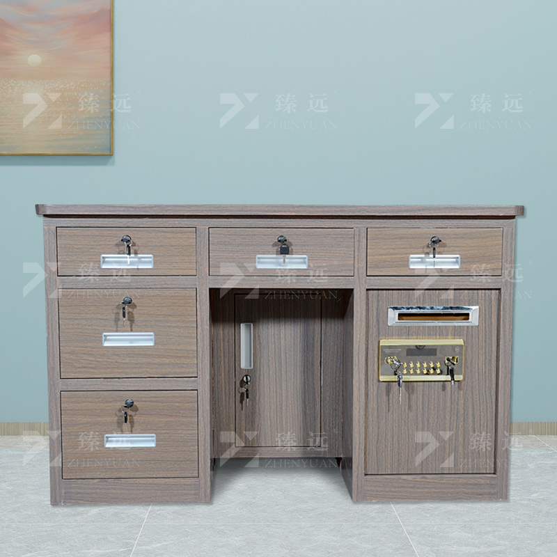 臻远 BXZ-08 钢制保险桌可投币收银财务桌1.2m黑枫木五斗电子锁高清大图