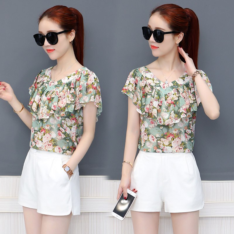 2018夏季新款短袖碎花雪纺衫女装潮夏天韩版百搭时尚小衫女上衣服