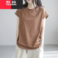 YIBUSHENG2024新款T恤女装短袖圆领时尚休闲文艺简约宽松复古上休上Y简 M 咖啡色