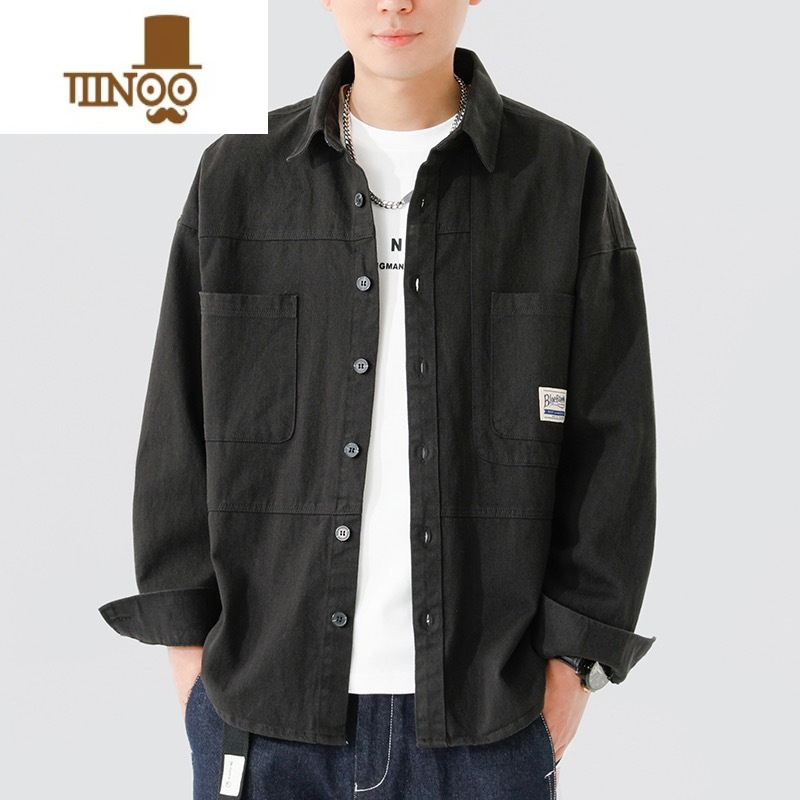 YANXU工装衬衫式外套男士休闲衬衣时尚宽松日系潮流开衫翻领夹克薄高清大图