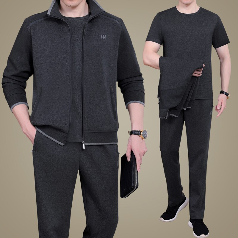 运动套装男春秋季晨练大码爸爸装三件套中老年父亲宽松跑步运动服男士