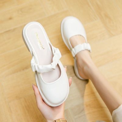真软皮包头半拖女2021春夏季新款百搭平底软底学院风小仙女拖鞋 普通版杏色[13%顾客选择] 35