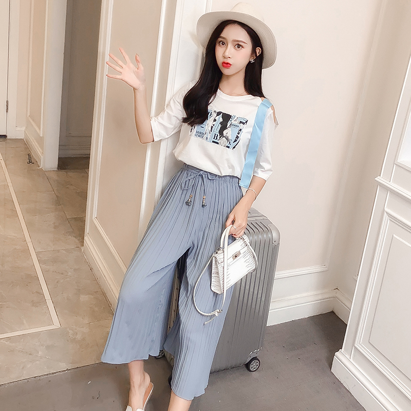 2018夏装新款女装漏肩时尚T恤阔腿裤两件套时髦俏皮小心机套装女