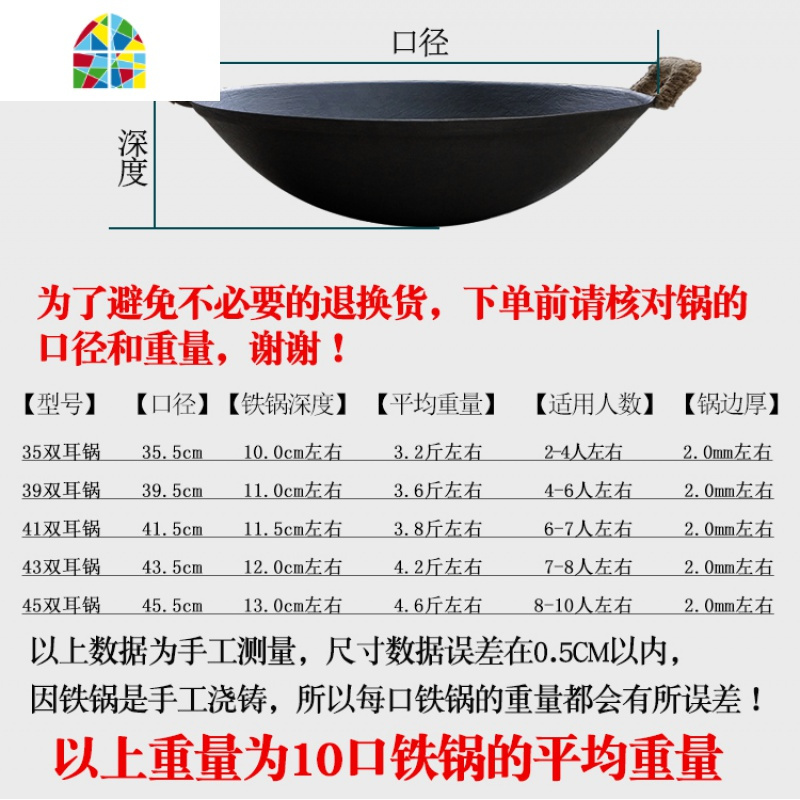 铁锅家用双耳炒锅传统老式生铁锅无涂层燃气灶铸铁锅圆底炒菜锅具 FENGHOU 54CM口径(无涂层生铁锅)