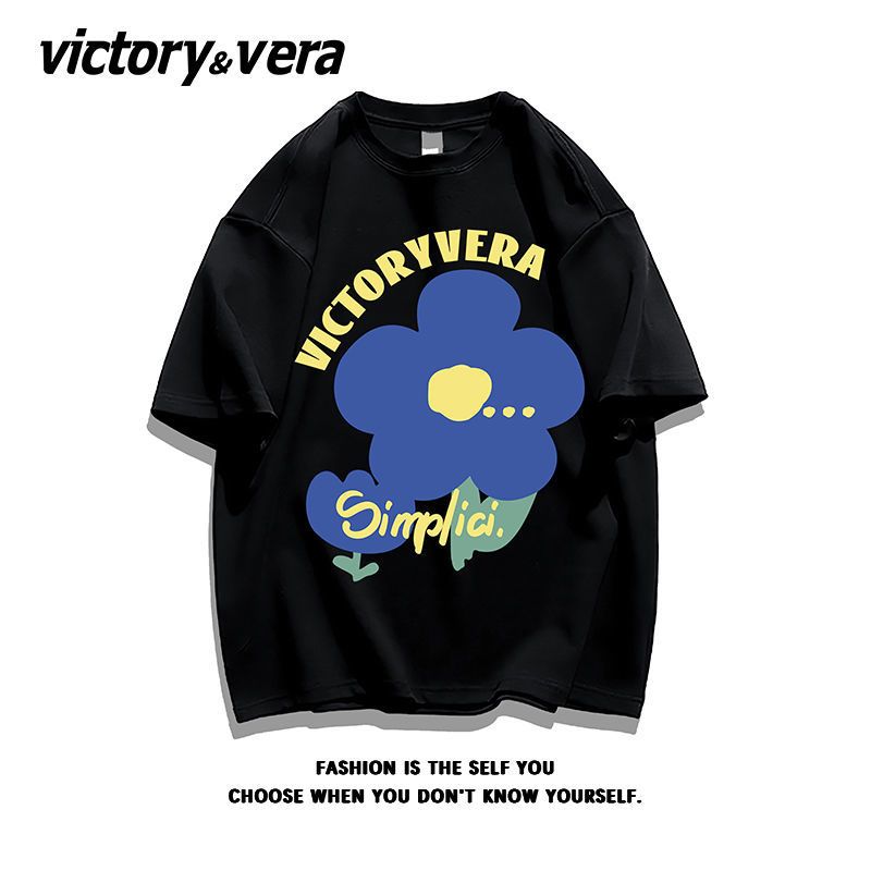VICTORYVERA100%纯棉学生宽松ins花朵印花盐系短袖T恤女2022夏季