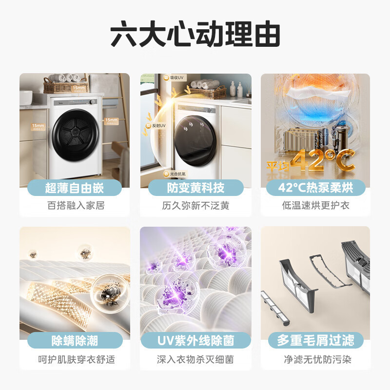 美的(Midea)10公斤热泵烘干机 干衣机家用 除螨除潮 紫外线除菌 多重毛屑过滤 MH100AIR1高清大图