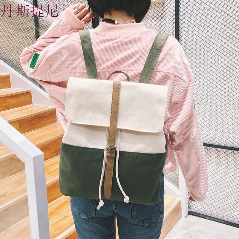 韩国轻复古气质背包日系森女文艺帆布双肩包抽绳搭扣学生校园书包