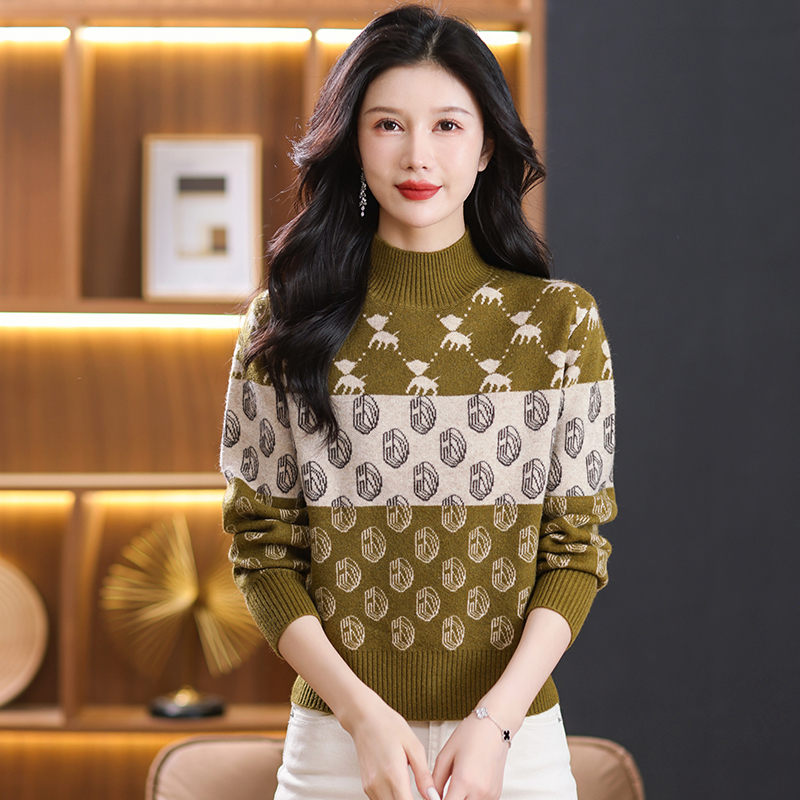 春春秋羊绒衫女半高领春秋装新款加厚羊毛衫女套头针织衫印花显瘦打底毛衣女专柜正品套头女士毛衣高端羊绒衫年轻漂亮打底衫女装 0602蓝色高领 S