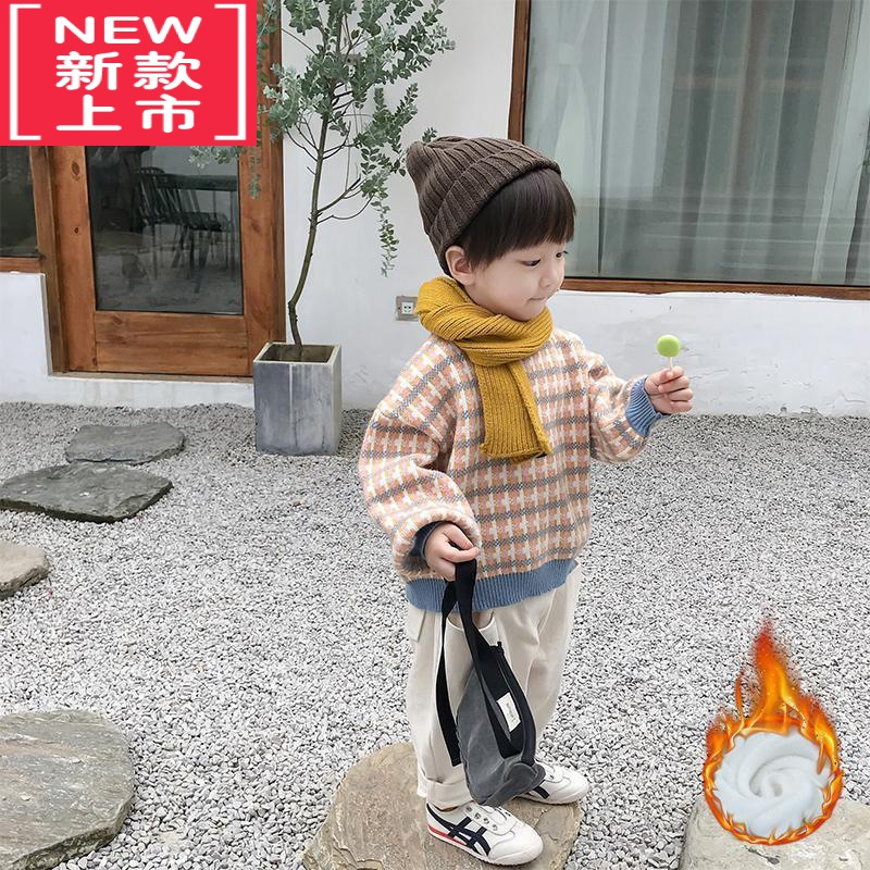 可莉允宝宝毛衣男童针织上衣儿童条纹打底衫2021新款韩版套头潮加一体绒