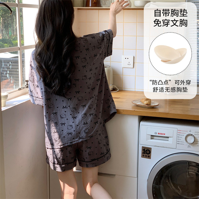 2026年短袖短裤云朵棉夏季薄款开衫睡衣女可爱新款带胸垫套装高清大图