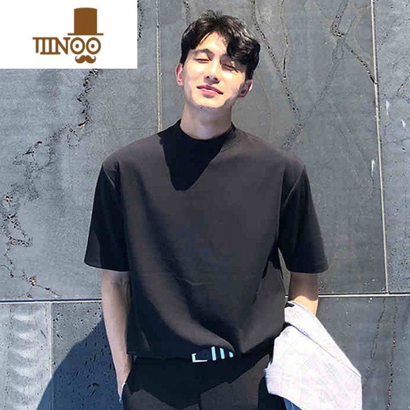 YANXU打底衫小半高领短袖男冰丝夏季ins潮长袖白色半袖中领半Xt色 2XL 黑色现货宽松版型