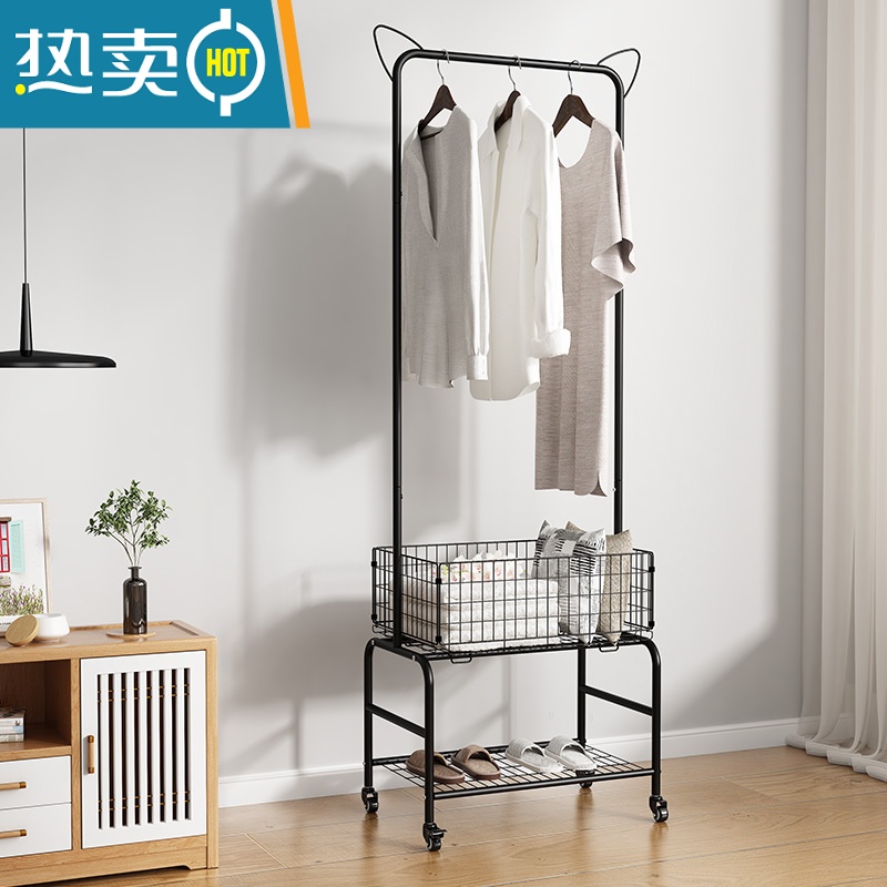 敬平挂衣架落地卧室晾衣架收纳衣架落地衣服架子置物架衣帽架移动推车 小号-猫耳款+经典黑+包边高清大图